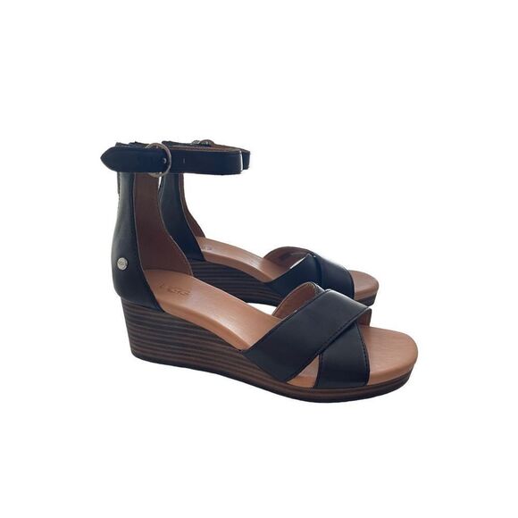 Ugg Womens Black Eugenia Leather Back Zipper Ankle Strap Wedge Sandals Size 6.5 - Picture 1 of 8